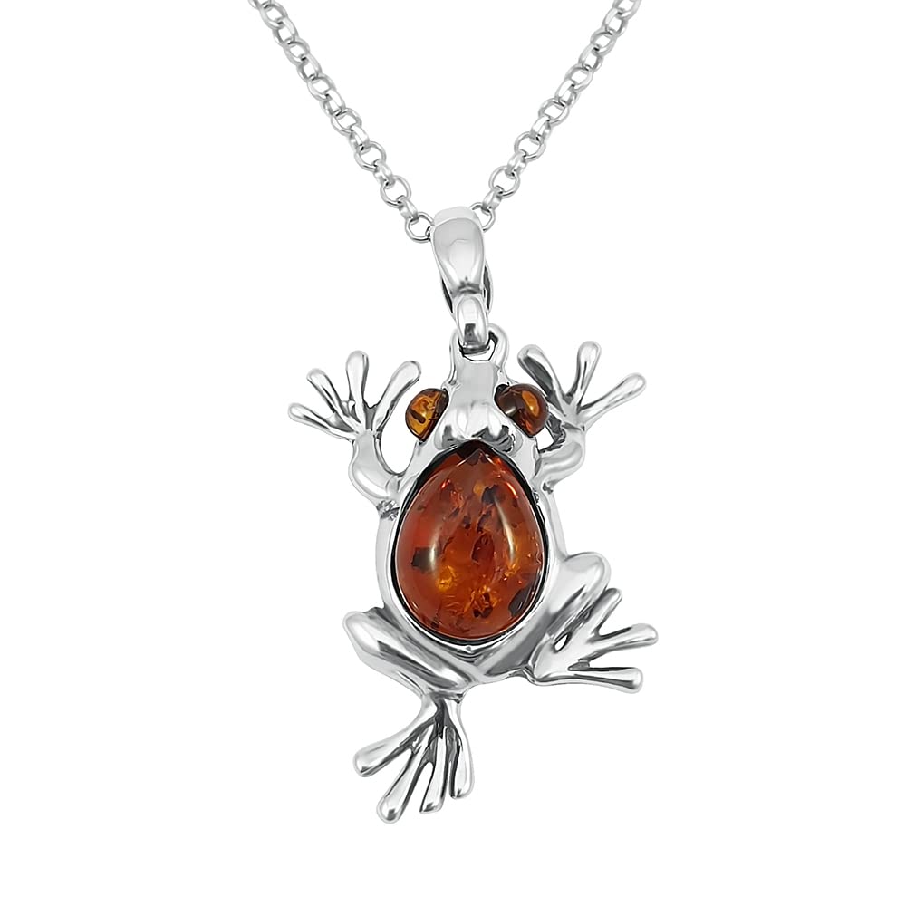 Kiara Jewellery 925 Sterling Silver Frog Pendant Necklace Inset With Brown Baltic Amber on 18" Sterling Silver Chain.