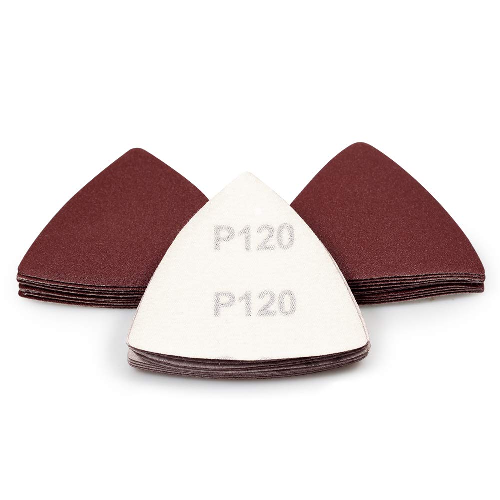 SPEEDWOX 30 Pcs Hook and Loop Triangle Sandpaper 120 Grit 80mm 3-1/8 Inches for Oscillating Multi Tool Detail Sander Sanding Discs Triangle Sanding Pads — image 1