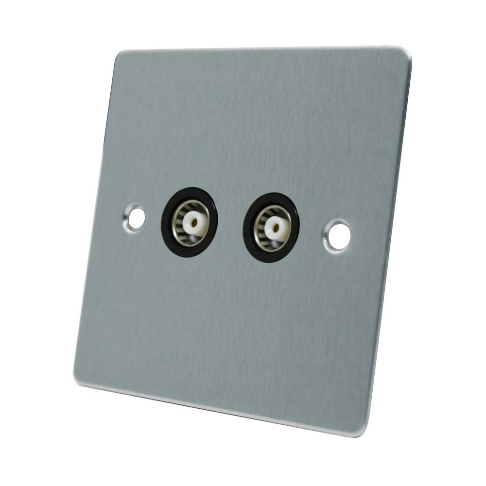 AET FSC2GTVBL Satin Chrome Flat TV Black Insert-2 Gang Aerial Coaxial Female Socket, 240 V