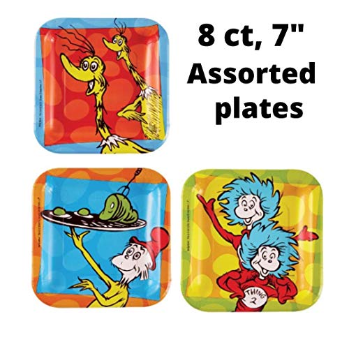 Dr. Seuss Party Supplies Pack for 8 Kids - Disposable Tableware and Balloons - Children's School Class or Birthday Party Kit