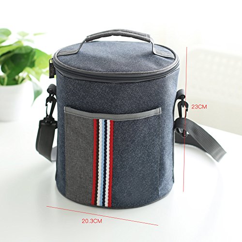 Insulated Lunch Bag Cooler Tote Bags For Women Men Kids, Travel Picnic Foods Box Drinks Thermal Carry Bag Container Organizer Case Handbag (Cylinder-Blue&Grey, 8x9inch)