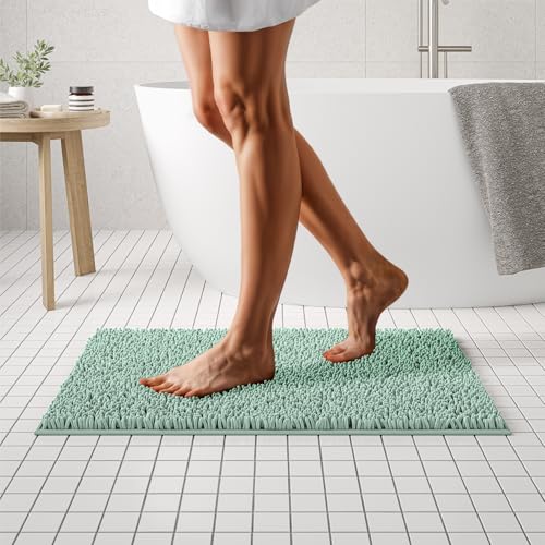 MAYSHINE Plush Shaggy Chenille Bath Mat | Extra Soft, Super Absorbent, Non-Slip Bathroom Rug | Fluffy Microfiber, Area Rug Sets for Bathroom Floor, Kitchen, Living Room | 32"x20" | Minty Green
