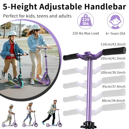 BELEEV V9 Children's Scooter from 6 to 14 Years, Adults and Teenagers up to 100 kg, LED Light Stem & Deck, Foldable and Height Adjustable, Big Wheel 200 mm, City Scooter 2 Wheels