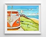 Orange Crush Vw Volkswagen Bus Van - Danny Phillips art print, UNFRAMED, Vintage retro nautical coastal beach and home decor painting poster, 8x10 inches