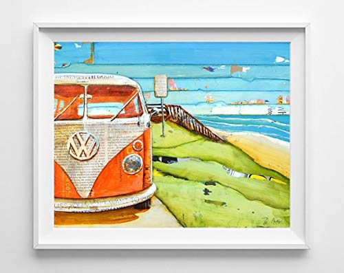 Orange Crush Vw Volkswagen Bus Van - Danny Phillips art print, UNFRAMED, Vintage retro nautical coastal beach and home decor painting poster, 8x10 inches