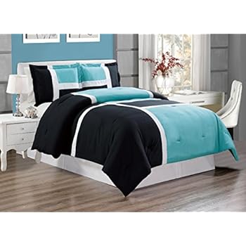 Grandlinen 3 Piece Aqua Blue Black White Color Stripe Duvet Cover Set Queen Size Includes 1 Cover And 2 Shams Brushed Microfiber Luxury Ultra