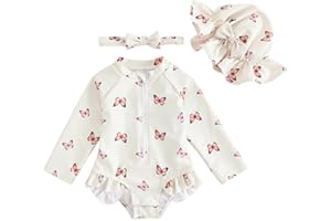 FishingDino Baby Swimsuit Girl Rash Guard Newborn 0M-3T, Long Sleeve UV Infant Bathing Suit with Hat & Headband, Bottom Snaps