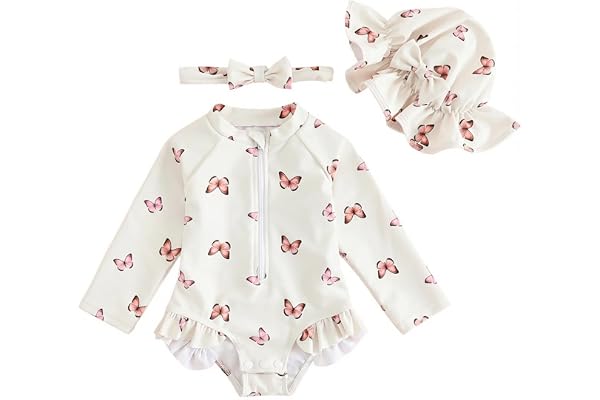 FishingDino Baby Swimsuit Girl Rash Guard Newborn 0M-3T, Long Sleeve UV Infant Bathing Suit with Hat & Headband, Bottom Snaps