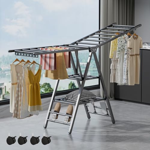 MOZOGOT Folding Clothes Drying Rack with 4 Shoe Holder, 3-Layer Foldable Laundry Clothes Dryer Rack Free-Standing Dryer Rack with Wheels Height Adjustable for Indoor & Outdoor Use, Windproof (180CM)