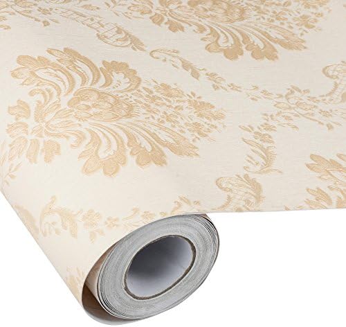 Suncolor Peel and Stick Damask Removable Wallpaper 20.5" by 393" (Gold and Beige)