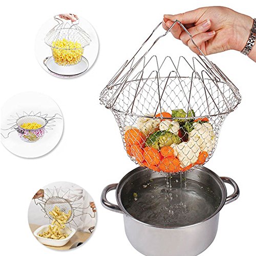 Click Here to See More Images Xiaolanwelc@ 1pc Foldable Steam Rinse Strain Fry Chef Basket Magic Mesh Basket Strainer Net Kitchen Cooking Tool