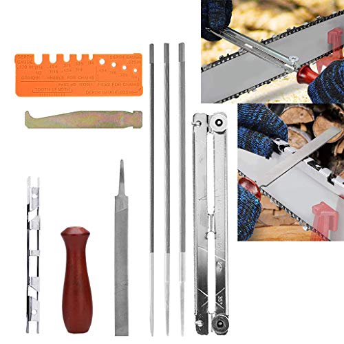 10 Piece Chainsaw Sharpening & Filing Kit, Includes :5/32, 3/16, 7/32 Round Files, 6 Inch Flat File, Depth Gauge, Filing Guide Holder, Hardwood Handle, Tool Set Pouch for Sharpening Saw Chain Blades