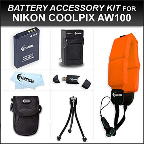 ClearmaxÂ® Must Have Accessory Kit for Nikon Coolpix AW100 Waterproof Digital Camera Includes Extended Replacement EN-EL12 Battery + Ac/dc Travel Charger + USB 2.0 Card Reader + Deluxe Camera Case + Mini Tabletop Tripod + Floating Strap + Microfiber Cleaning Cloth