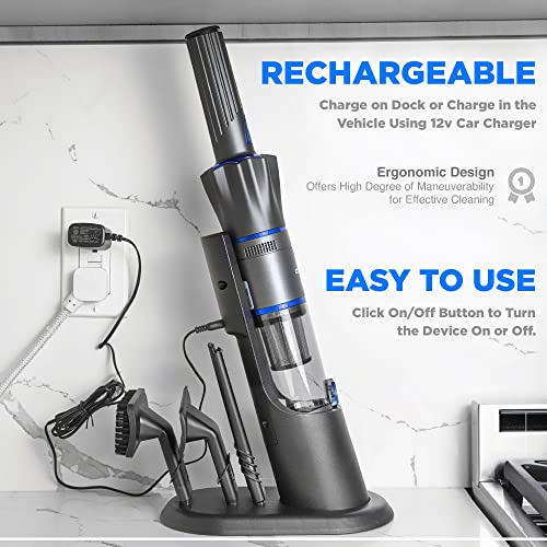 Ruvio PRO Cordless Hand Vacuum 17” Portable Vacuum Cleaner for Home and Car Use, Rechargeable
