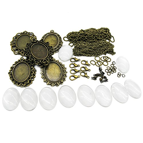 TOAOB 10 Set Quick Start Pendant Tray Kit For Jewelry Making Oval Style Bezel Antique Bronze In Color With Glass Cabochons Chains And Clasp