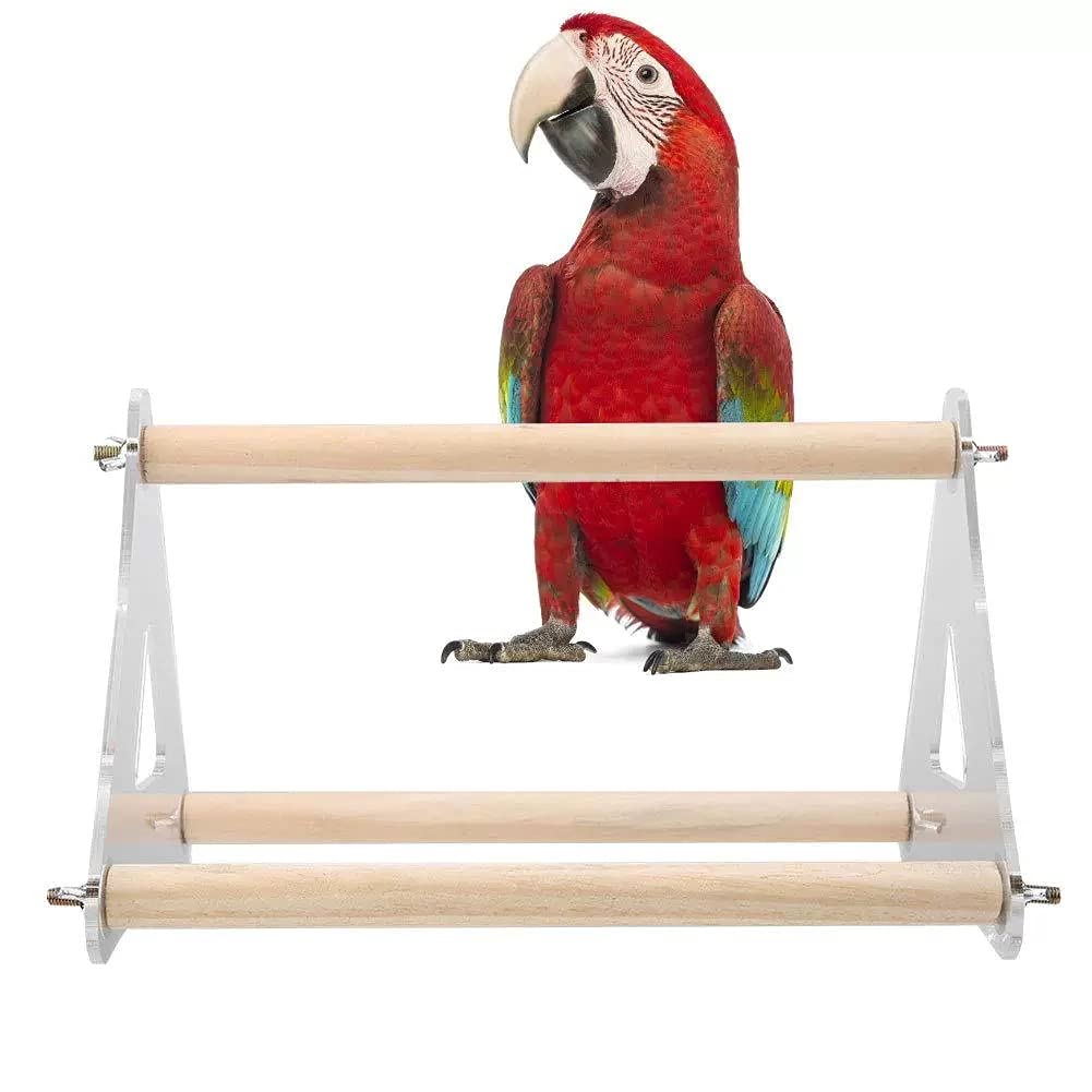 Aisennek Acrylic Bird Perch Stand Wooden Tripod Toys Natural Wood Perches Standing Toy Branch for Bird Parrot Macaw African Grey Budgie Cage Accessories