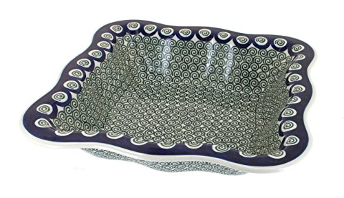 Click Here to See More Images Polish Pottery Peacock Swirl Large Square Fluted Dish