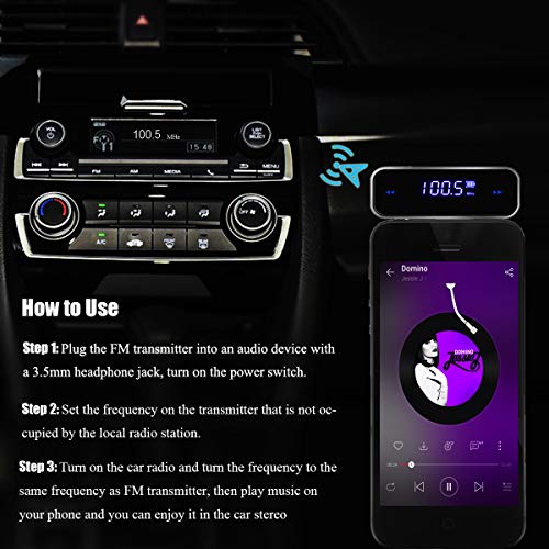 ECRAB FM Transmitter in-car Wireless Audio Adapter for iPad iPhone Samsung Sony Tablet MP3/MP4 Players Android, Mini FM Modulator with Built-in 3.5mm Aux Port - Thumbnail 4
