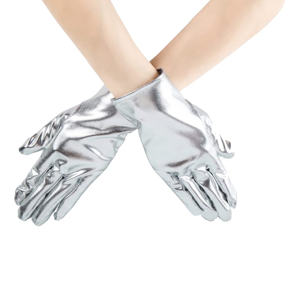 JIHUOO Patent Leather Dress Gloves - Wet Look, Fashion Finger, Evening Opera Costume Party Gloves for Women - Silver