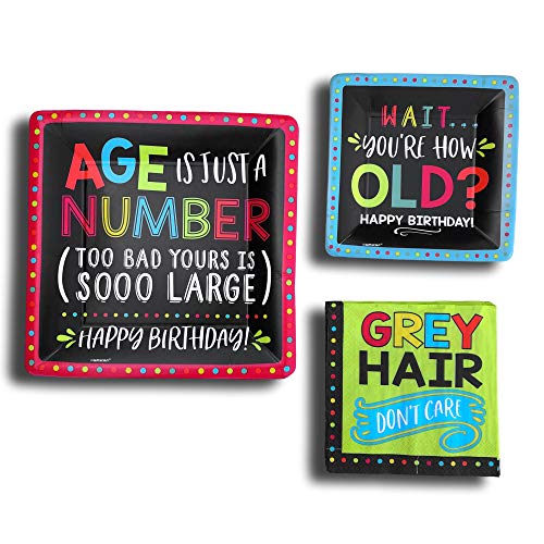 Over-The-Hill-Old-Funny-Happy-Birthday-Party-Paper-Plates-and-Napkins-Party-Supplies-Bundle-Tableware-Set-Includes-Happy-Birthday-Dinner-Plates-Dessert-Plates-and-Grey-Hair-Napkins