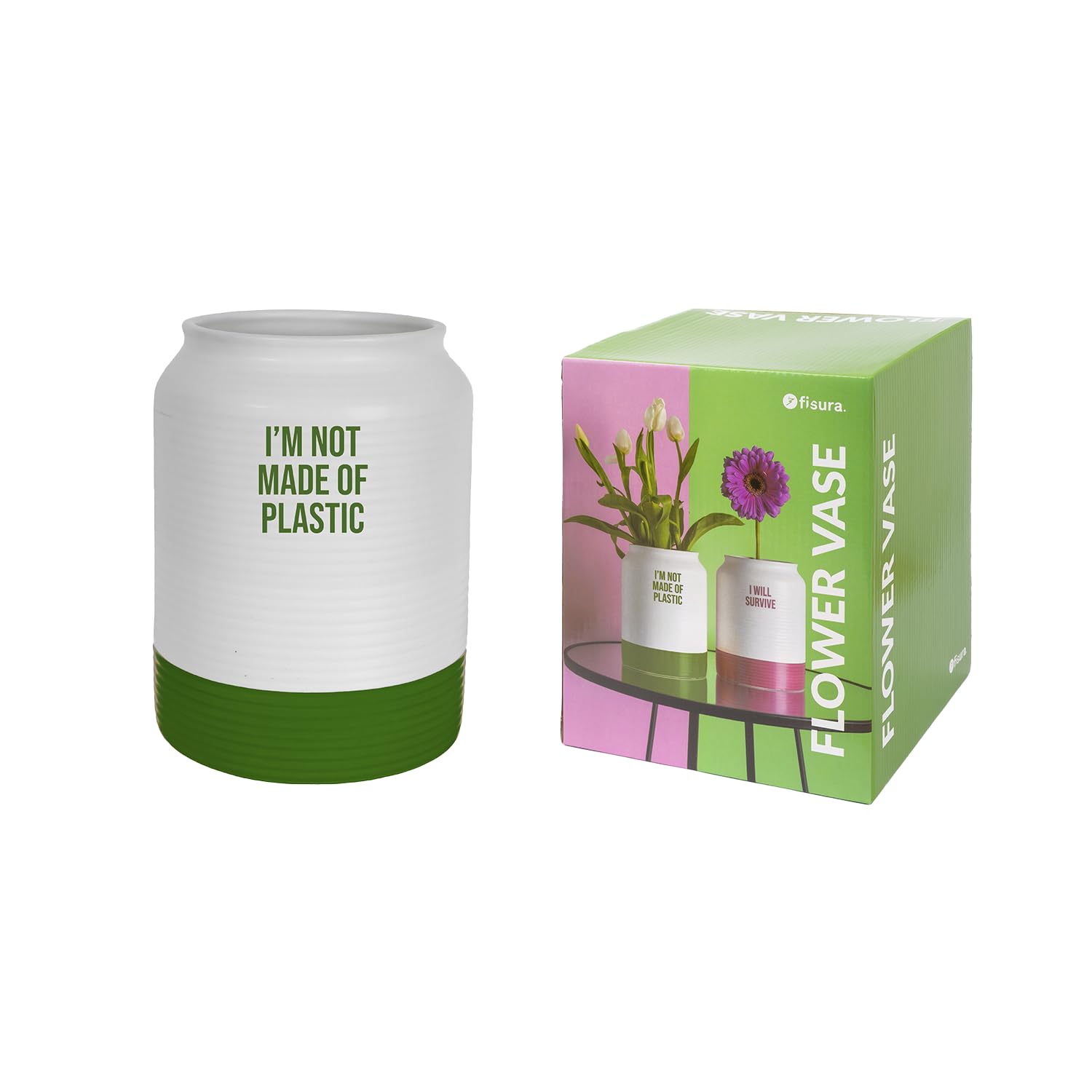 Fisura Modern Decorative Plastic Vase White and Green Ceramic Vase Original White-Green Vase 14.9cm x 14.5cm