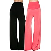 Superline Wide Leg High Fold Over Waist Palazzo Pants (Large, 2 Pack: Black & Coral)