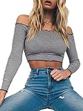 Famulily Women's Off Shoulder Sexy Striped Frill Long Sleeve Crop Top Tee Shirt (Small, Black)