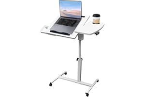 DOKKOME Medical Adjustable Overbed Bedside Table with Wheels, Mobile Standing Desk Laptop Computer Cart with Phone Holder and Drawer for Hospital and Home Use
