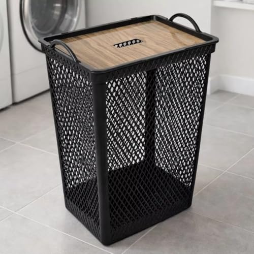 Cesto De Roupas Telado 49 Litros Com Tampa Basculante Estilo Madeira Multiuso