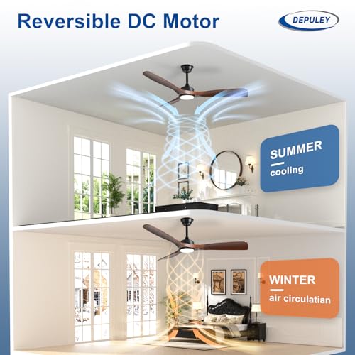 Depuley Ceiling Fan with Modern Light: 52 Inch Outdoor Fan with APP Remote for Patio - Walnut 3 Blade Fan Indoor