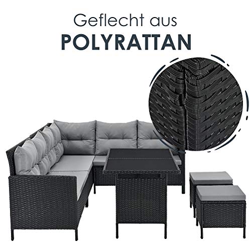 Juskys Polyrattan Lounge Manacor mit Ecksofa, Esstisch, 2 Hocker & Kissen - wetterfest bis 7 Personen - Bezüge waschbar - Rattan Garten Sitzgruppe Gartenlounge Gartenmöbel Set - Schwarz/Grau – Bild 7