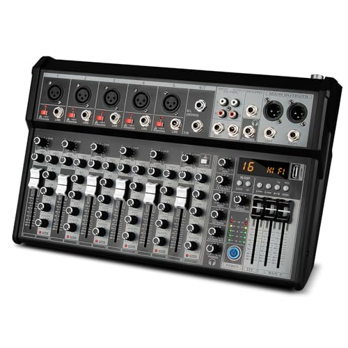 Depusheng Professional Audio Mixer, 4 Channel Audio Mixer System, 16-Bit DSP-DJ Bluetooth Mixer + 48V Phantom Effect for Karaoke Streaming Recording (XT7 EU)