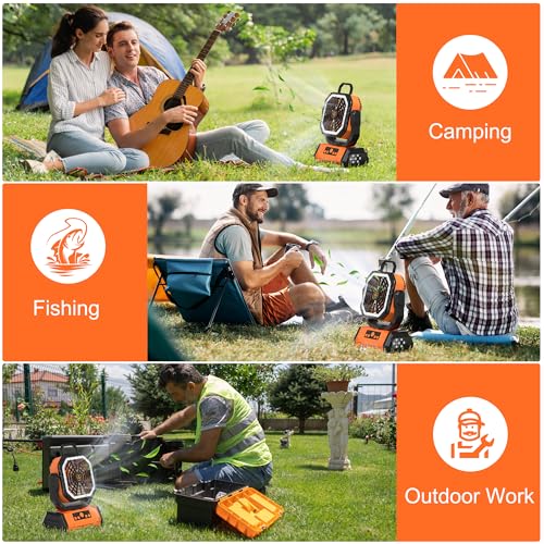 Honesorn Portable Rechargeable Fan 20000mAh, Camping Fan with LED Light & Remote, USB C Cordless Battery Powered, 4 Speeds Timer Hanging Hook for Travel Tent Outdoor Essentials - Orange