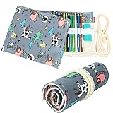 Damero Canvas Pencil Wrap of 48 Color Pencils, Roll Case for Pen, Travel Pencil Holder(No Pencil Included), Gray Milk Cow