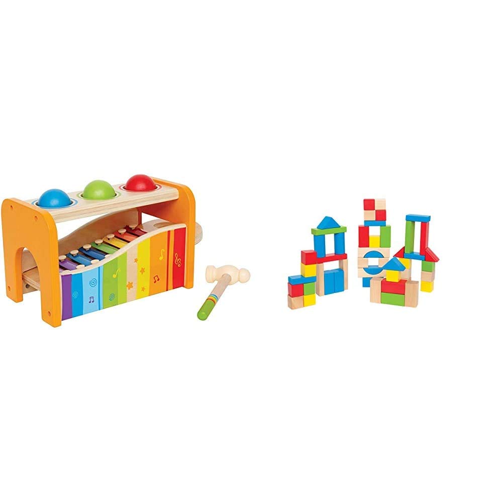 Hape Musical Toy & Building Blocks - Early Melodies Pound and Tap Bench & Wooden Building Block Set - 50pc, Ages 1+
