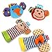 Happy Monkey Baby Wrist Rattles and Foot Finders Set High Contrast Infant Foot Finders Socks and Newborn Hand Wrist Rattle Toy Cute Engaging Elephants and Monkeys Bright Developmental Colors Patterns