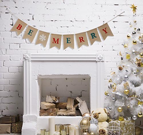 LOLOOP Burlap Banner Flags Christmas Hanging Flag Banner Be Merry Bunting Banner Burlap Garland Decorations