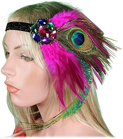 Women 20s 30s Vintage 1920s Gatsby Black Silver Gold White Red Crystals Sequins Headpiece Headbands Flapper Feather Headdress