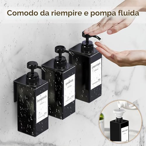 Anhow 3 Pieces Bath Soap Dispenser, 500 ml Wall Mounted Shower Dispenser Set Without Drilling Shampoo and Body Wash Dispenser with Label for Bathroom Shower Kitchen – Black