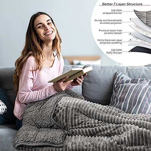 Sherpa Fleece Weighted Blanket for Adult, 15lbs Thick Fuzzy Bed Throw with Ribbed Stripes, Dual Sided Cozy Fluffy Weighted Blanket with Premium Beads for Bed, Couch, 60 x 80 Inches, Grey