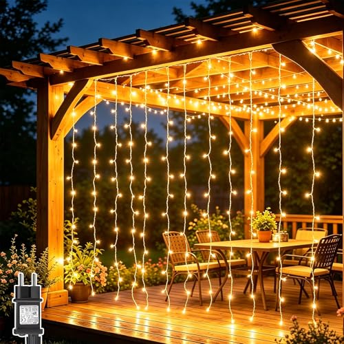 Dekofun Pack of 2 3 x 3 m 300 LED Curtain Lights with Socket, Timer, 8 Modes, IP65 Waterproof Waterfall Lights for Outdoor Indoor Balcony Garden WeddingTerrace, Warm White