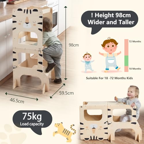 labebe Montessori Tower Children, Multifunctional Montessori Folding Wooden Tower 3 in 1 Learning Tower for Children with Tigers Chalkboard
