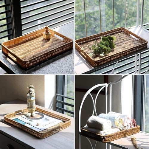 Rectangle Rattan Serving Trays with Handles, Decorative Woven Wicker Organizer Baskets Storage Tray for Coffee Table, Bread, Fruit, Snacks 2 Pack