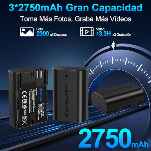Artman LP-E6N LP-E6 Batería 3-Pack 2750mAh y Cargador LCD de 3 Ranuras para Canon EOS R R5 R6 R7 R5 C, R6 Mark II, EOS 5D Mark II III IV, 5D SR, 6D Mark II 7D Mark II, 6D 7D 90D 80D 70D 60D, XC10 XC15