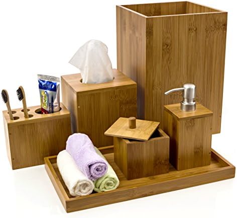 Intriom Bamboo Bathroom Vanity Accessories Set of 6 - Shampoo/Lotion Pump Dispenser / Tray / Garbage Bin / Cotton Ball Box w/ Cover / Toothbrush Holder and Square Tissue Box