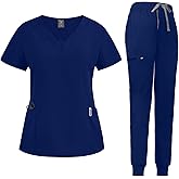 niaahinn Scrub Suit Set for Women Modern V-neck Top & Tapered Leg Jogger Pants with Drawstring Medical Nursing Uniforms Set