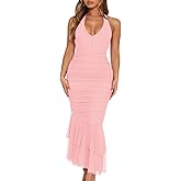HOT ROEE Women's Sexy V Neck Tie Halter Mesh Ruffle Hem Ruched Bodycon Cocktail Party Maxi Dresses