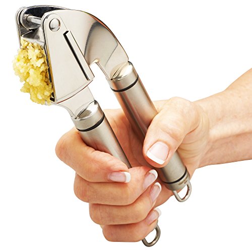 Qlty First Stainless Steel Professional Garlic Press, Crusher Complete Bundle - Includes Silicone Peeler, Cleaning Brush and Garlic Recipe Ebook