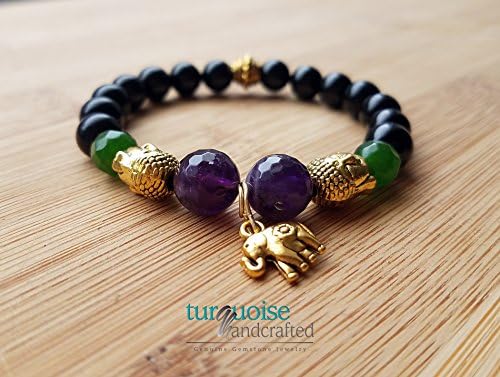 Black Tourmaline Bracelet with Amethyst & Jade Healing Crystals and Stones Lucky Elephant Yoga Bracelet Amethyst Jewelry Tourmaline Jewelry