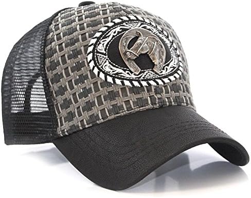 Straw Horseshoe Metal Symbol Mesh Trucker Baseball Cap Hat Black
